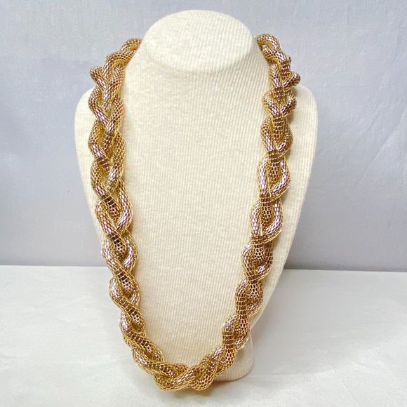 Matinee Length Necklace Thick Braided Mesh Tubes With Toggle Clasp - Picture 1 of 7
